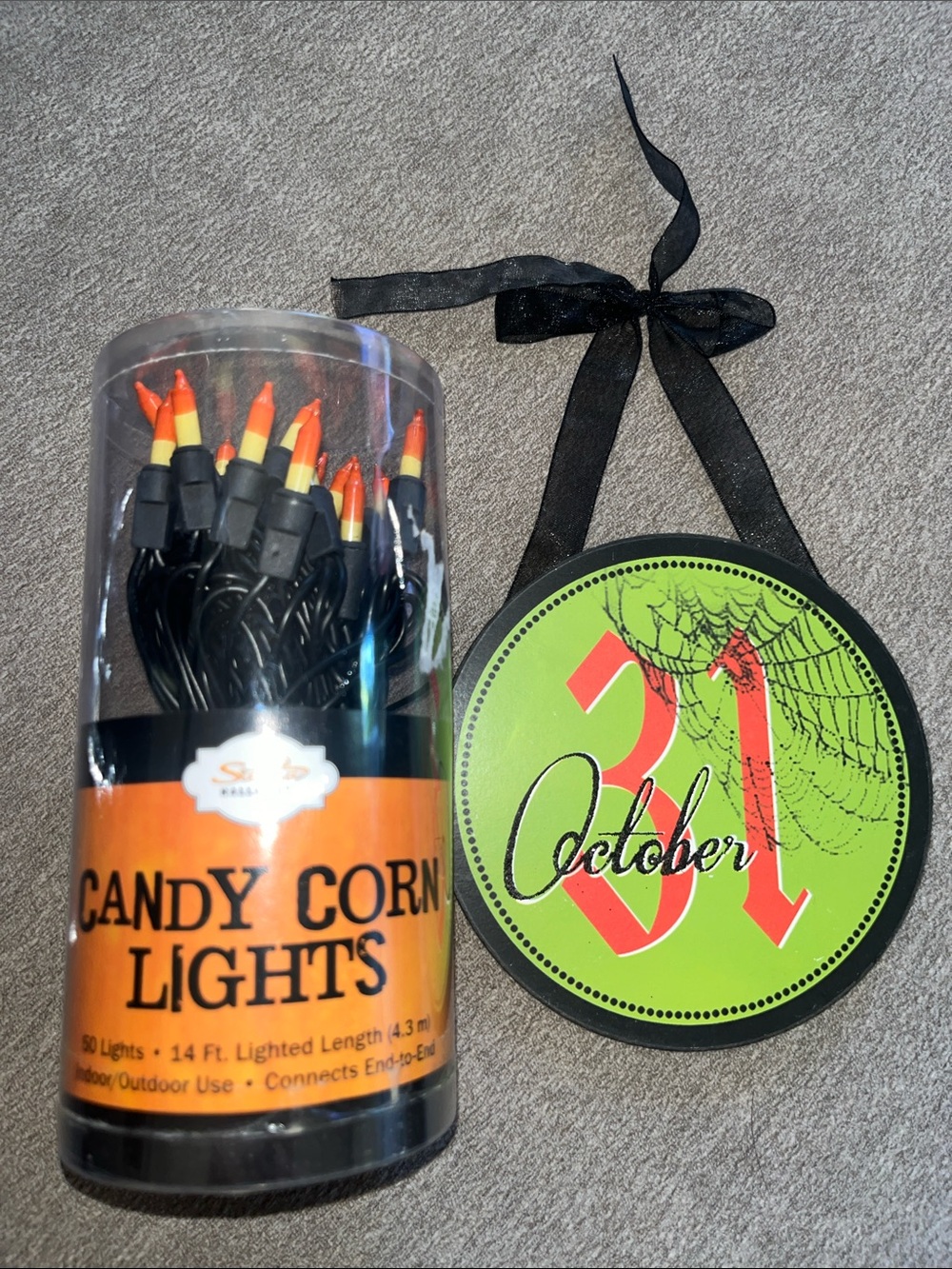 Rare Kirklands October 31 wood sign and Candy Corn String Lights